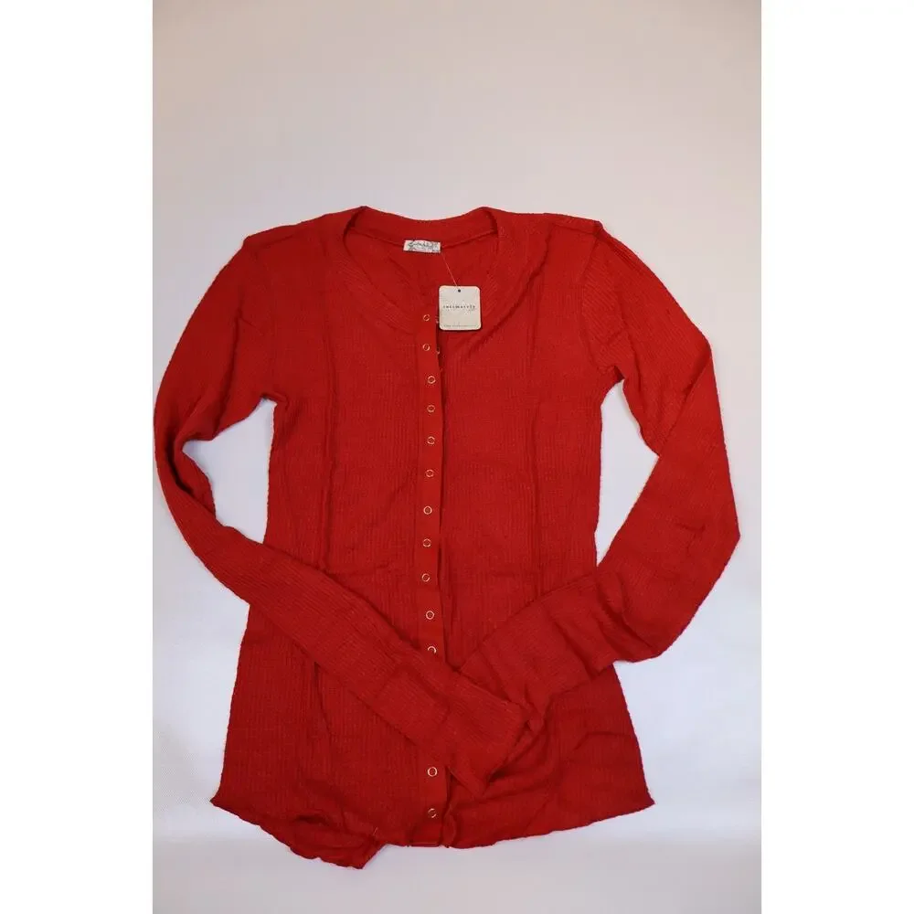 NEW Free People Going Places Red Button Up Slim Waflle Knit Cardigan Top Size L - Picture 2 of 5